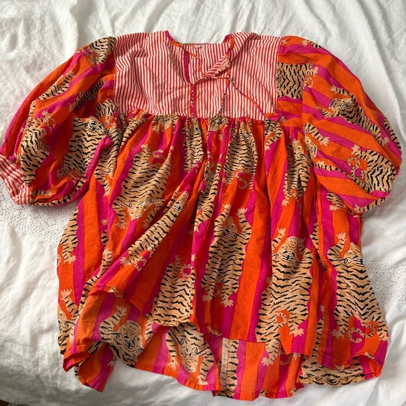 Pink Orange Striped Tiger Blouse Tunic Dress Cotton Size 3XL pockets - Picture 1 of 6